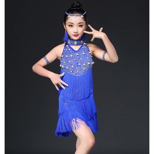  Latin dresses for kids children girls blue white black red stage performance competition fringes beads dance outfits
